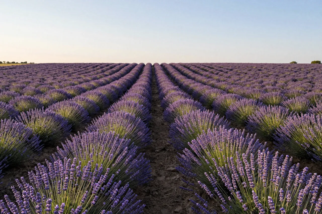 Neat parallel rows of purple lavender stretch to the horizon under a soft pale summer evening sky.