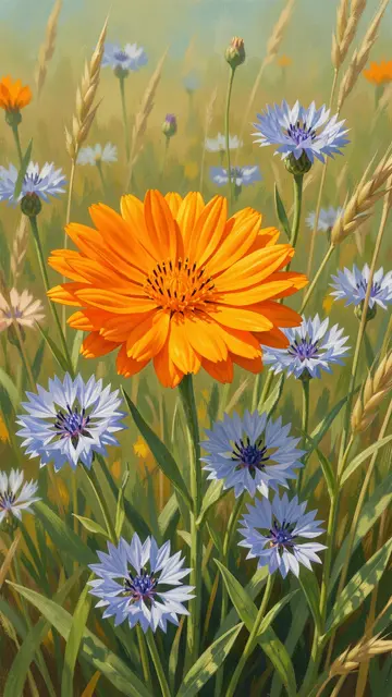 Painterly vertical close-up of a large orange calendula surrounded by blue cornflowers in a sunlit summer meadow