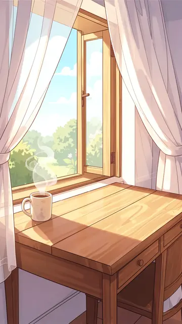 Anime illustration of a wooden desk with a steaming mug next to an open window on a bright summer morning