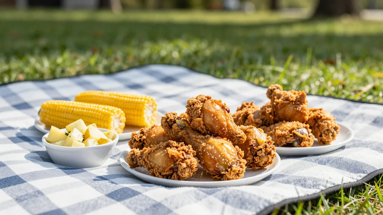 Fried chicken, corn on the cob and potato salad sit on a checkered picnic blanket in a sunny grassy park