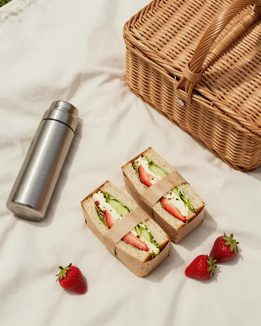 Assembled summer picnic with sandwiches, strawberries, thermos and wicker basket on a cream blanket