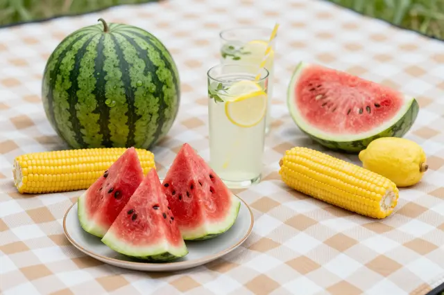 Watermelon, corn, lemonade glasses and a fresh lemon are arranged on a tan gingham picnic blanket outdoors.