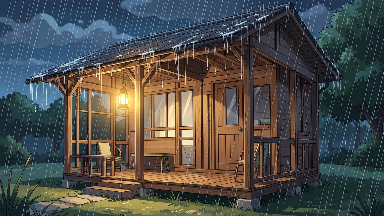 Anime-style illustration of a lit wooden cabin porch during a rainy summer night storm