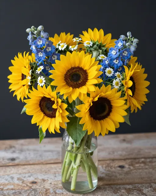 Bright bouquet of sunflowers, blue delphiniums and white daisies in a clear glass vase on a rustic wooden table.