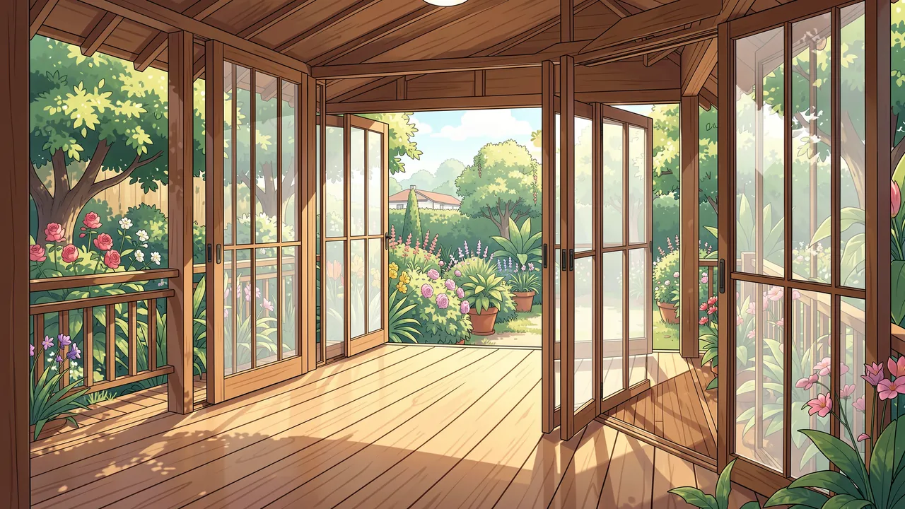 Anime style illustration of an empty wooden veranda with open glass doors looking out to a lush sunlit summer garden