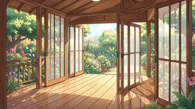 Anime style illustration of an empty wooden veranda with open glass doors looking out to a lush sunlit summer garden