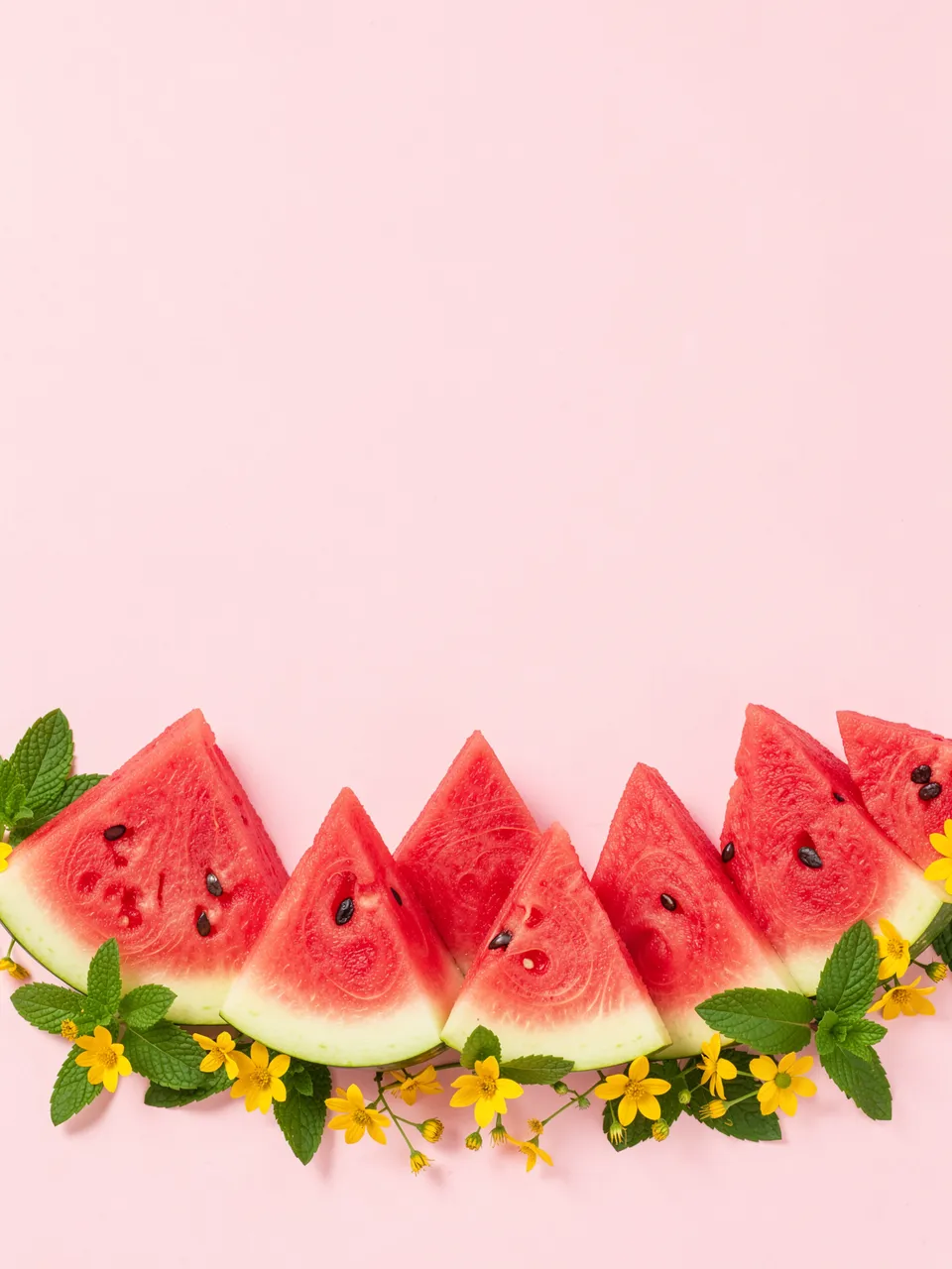 Horizontal bottom border of watermelon wedges, mint leaves and small yellow flowers on pale pink background