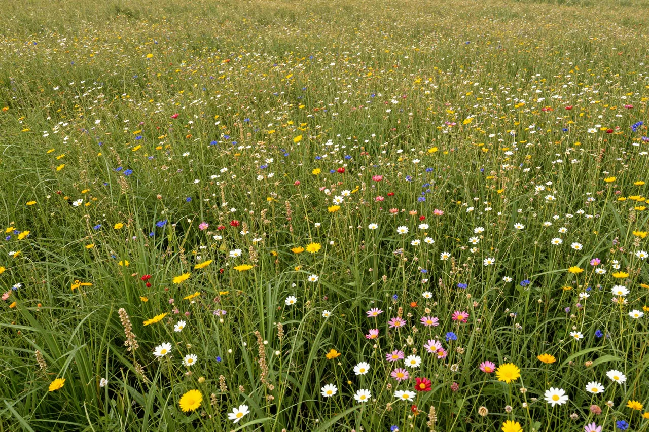 Dense grassy field margin filled with a variety of colorful blooming summer wildflowers