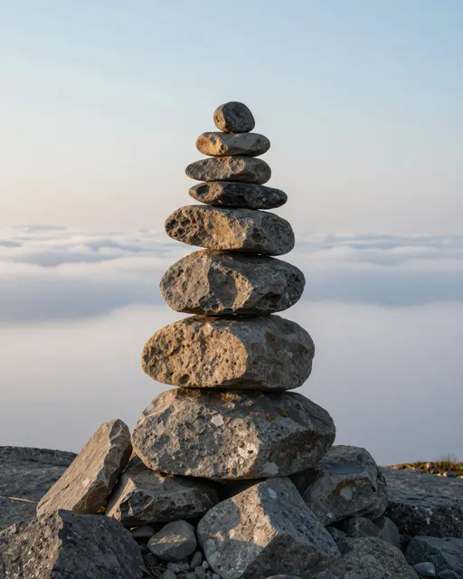 Stacked stone cairn stands on a mountain summit overlooking a sea of soft clouds at sunrise