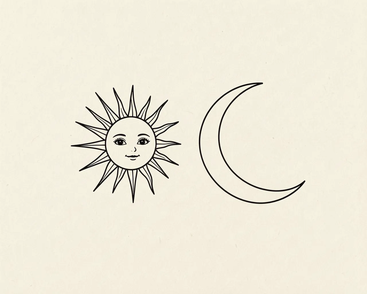 Thin black line art of a smiling sun and plain crescent moon set apart on textured cream paper