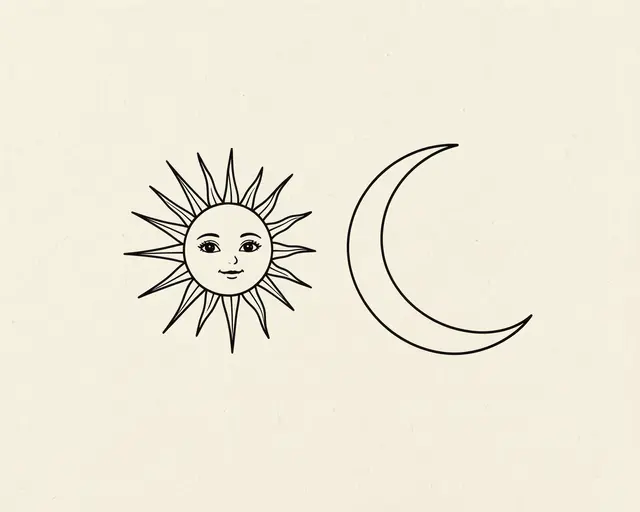Thin black line art of a smiling sun and plain crescent moon set apart on textured cream paper