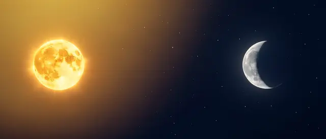 A glowing sun and crescent moon sit at opposite ends of a gradient starry sky fading from gold to navy