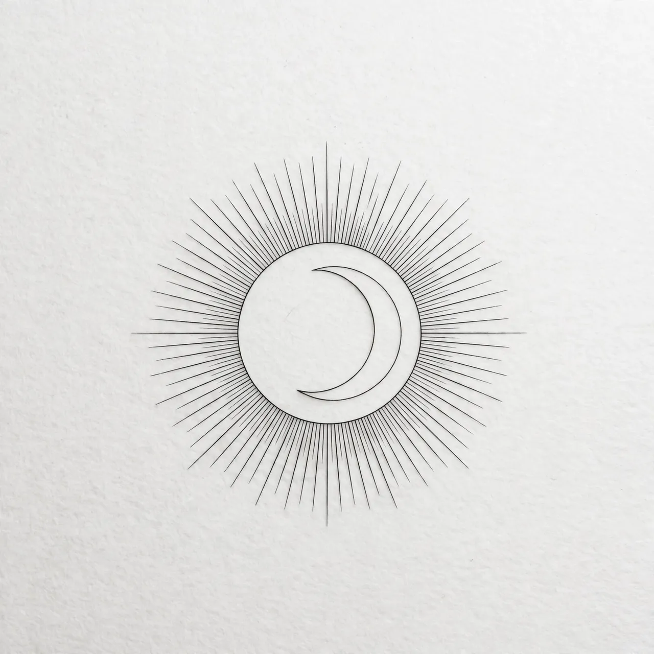 Delicate black line art of a sun with nested crescent moon on textured white paper