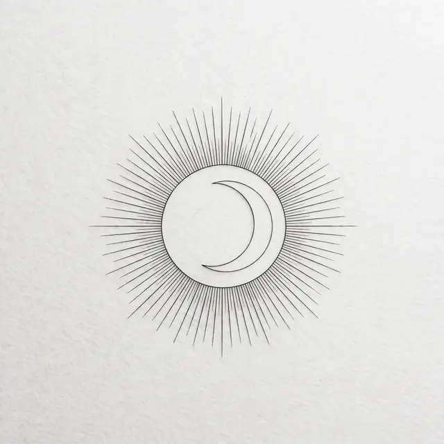 Delicate black line art of a sun with nested crescent moon on textured white paper