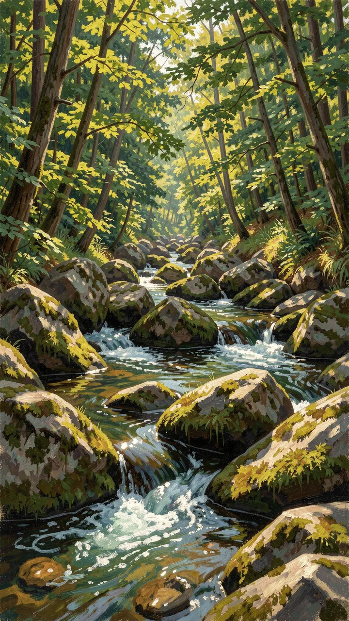 Plein air painting of a sunlit forest stream flowing over mossy boulders between shaded trees