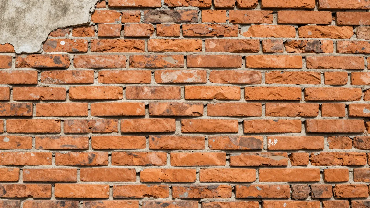 Close up of an aged orange brick wall with crumbling mortar and peeling plaster in the top left corner