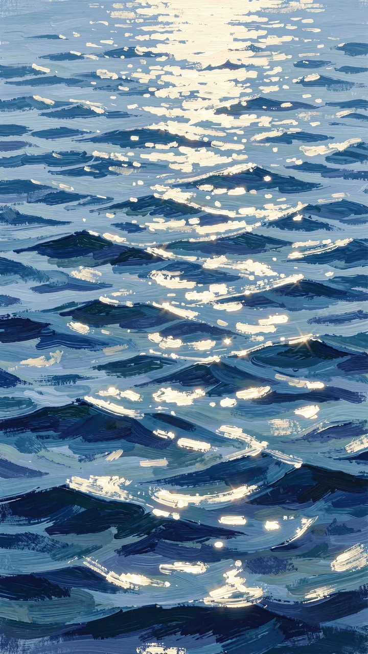 Impressionist painted rippling blue water with bright sun glints stretching across the surface