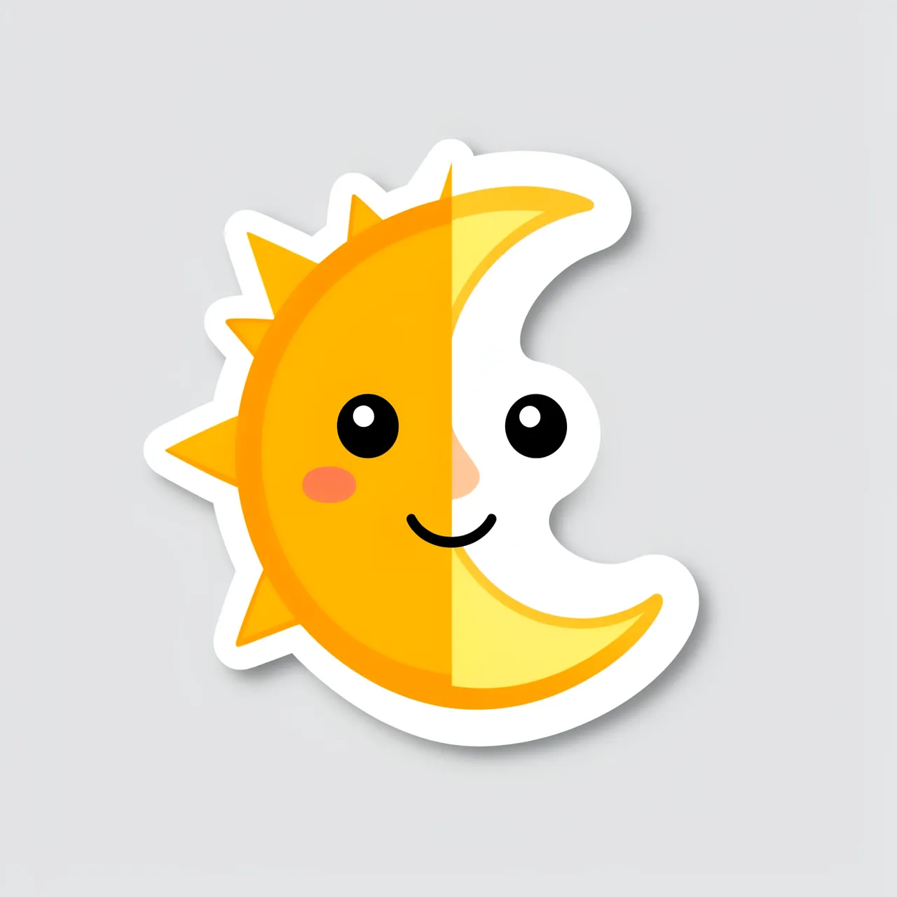 Cute die-cut sticker of a half sun half moon smiling face on a light gray background