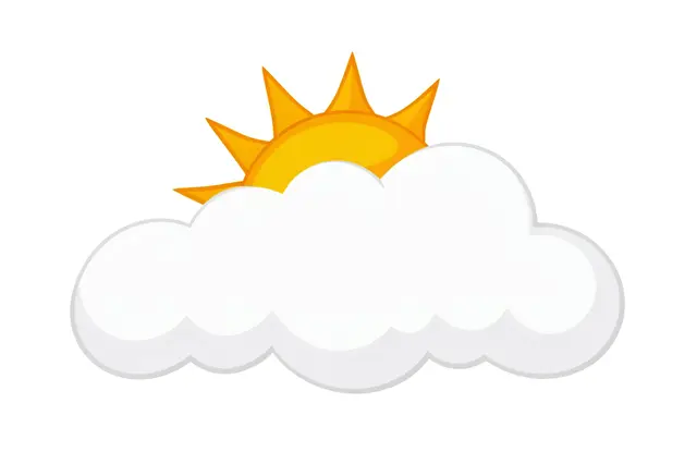 Flat clipart illustration of a yellow sun peeking over a fluffy white cloud on an isolated white background