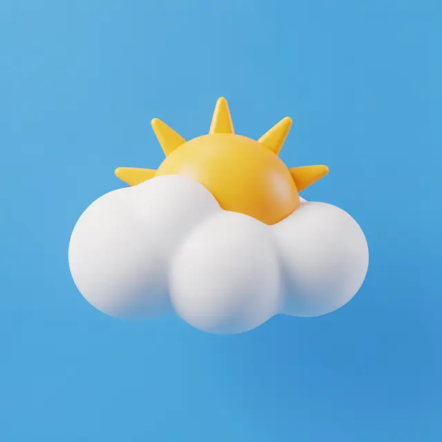 Smooth 3D yellow sun peeking over a plush white cloud against a solid sky blue background