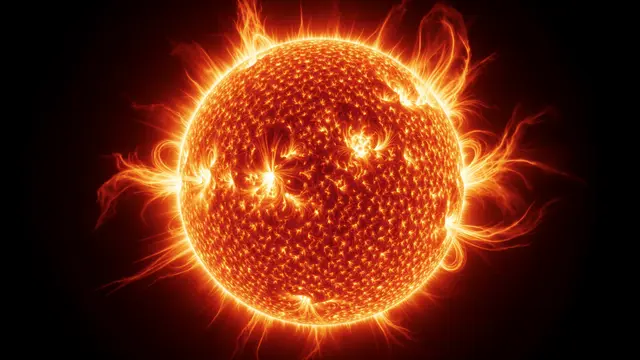 Glowing 3D render of the sun with swirling solar flares against a black space background