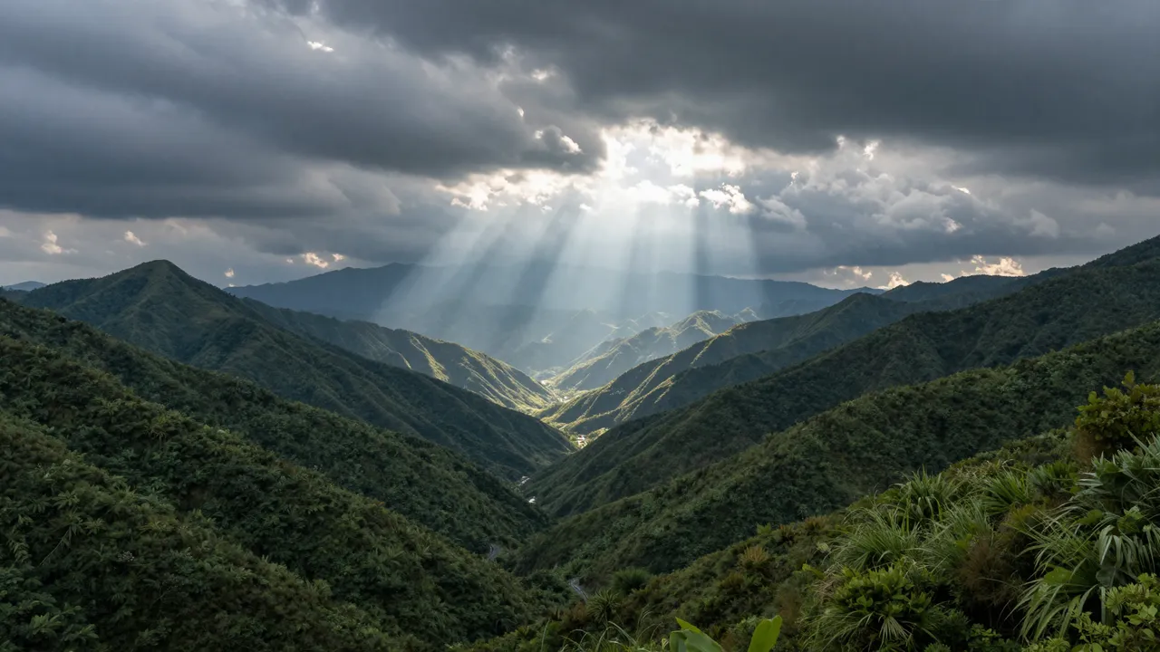Crepuscular sunbeams stream through storm clouds onto a lush green mountain valley.