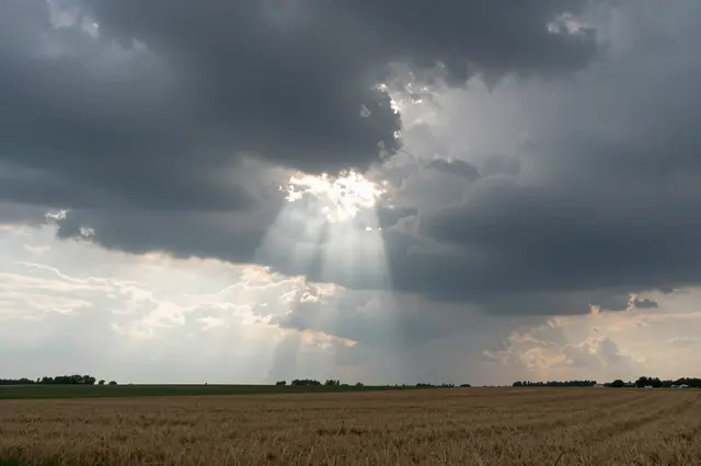 Bright sunbeams break through dark storm clouds over a golden agricultural field