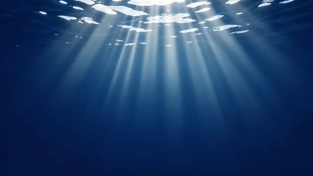 Sunlight rays stream down through deep blue open water from the rippled surface, with empty copy space below.