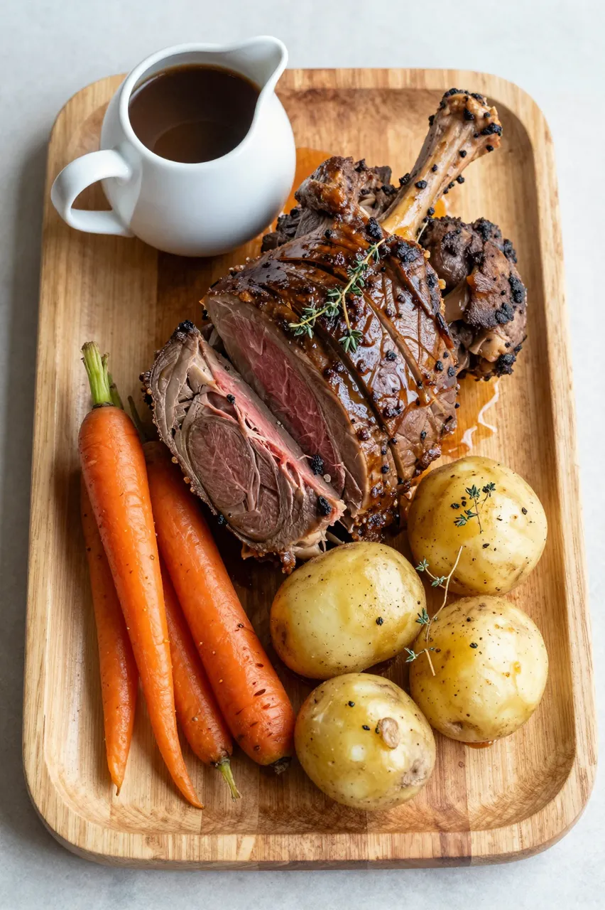 Overhead view of carved roast joint with carrots, potatoes, thyme and a gravy jug on a wooden serving tray