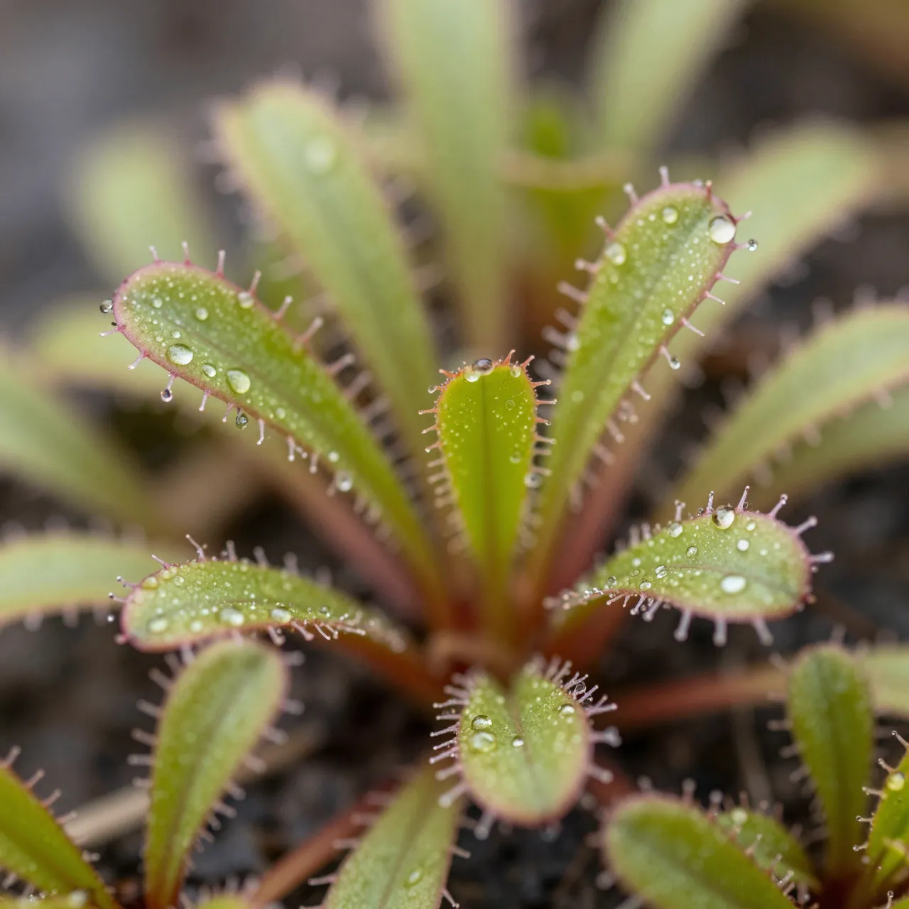 Close up macro view of sundew plant leaves glistening with tiny sticky clear droplets