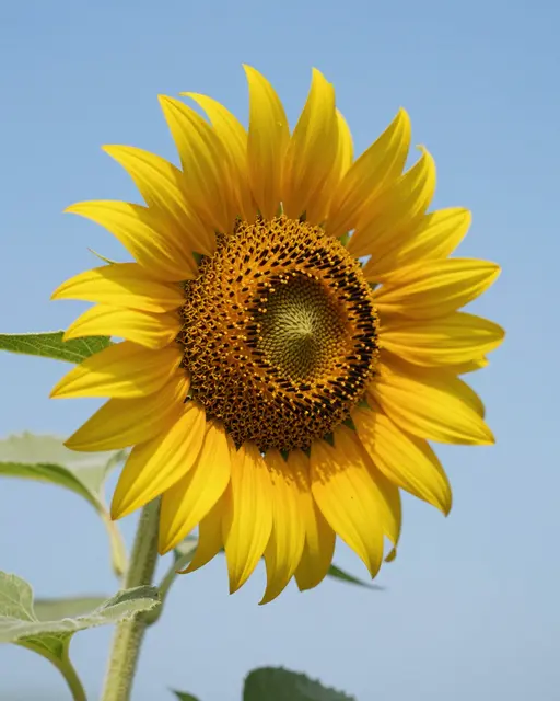 A bright yellow sunflower with detailed central disk stands against a clear light blue sky