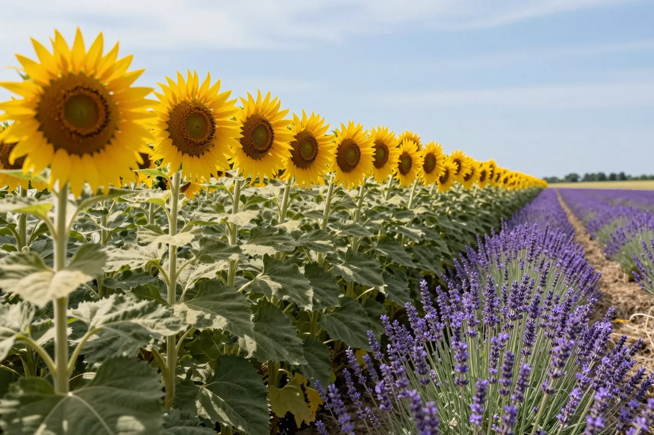 Neat parallel rows of sunflowers and lavender stretch across a summer field under a pale blue sky.