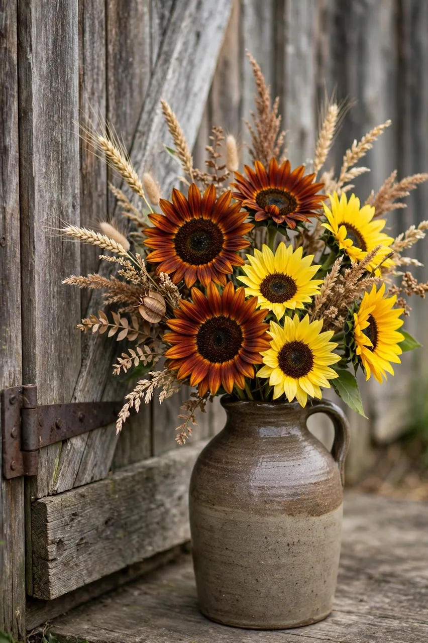 A stoneware jug holding rust and yellow sunflowers with dried grasses sits beside a weathered wooden barn door