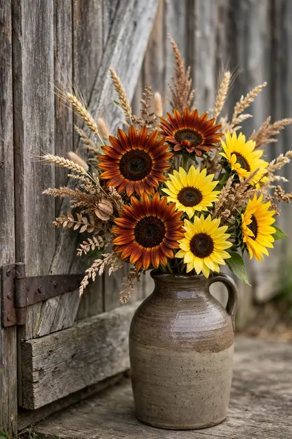 A stoneware jug holding rust and yellow sunflowers with dried grasses sits beside a weathered wooden barn door