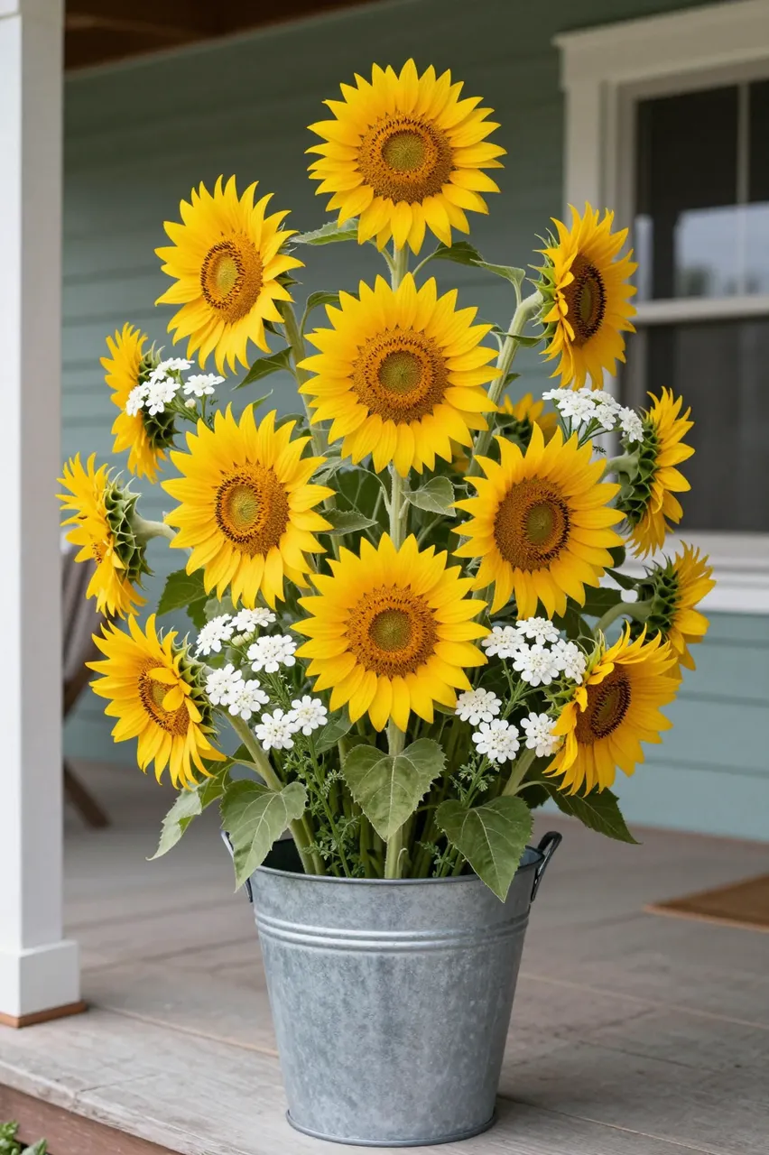 Bright sunflower and white yarrow bouquet in a galvanized pail sits on a wooden farmhouse porch