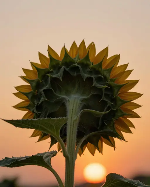 Rear view of a sunflower head with green sepals silhouetted against a warm orange sunset sky