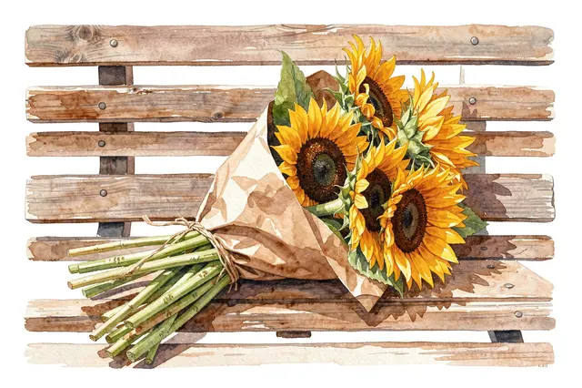 Watercolor illustration of a wrapped sunflower bouquet resting on a slatted wooden bench