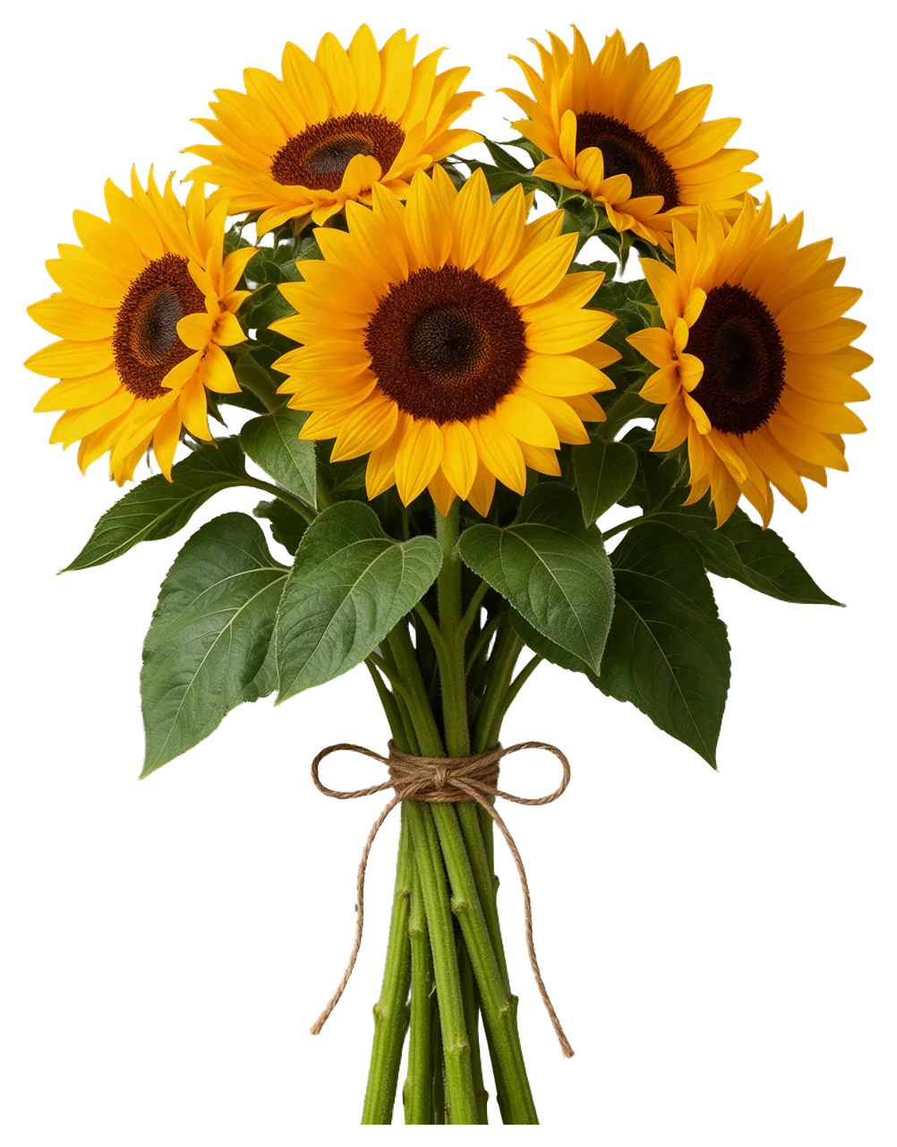 A bouquet of five sunflowers with green leaves tied with a brown twine bow