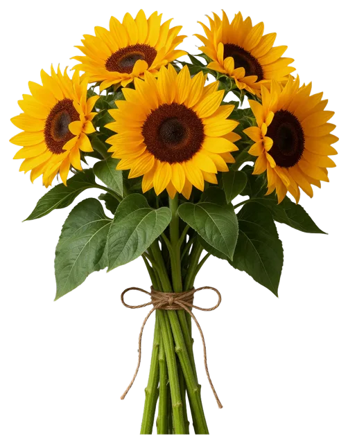 A bouquet of five sunflowers with green leaves tied with a brown twine bow