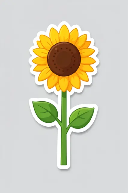 Cute flat illustration sunflower sticker with a thick white border on a plain light gray background