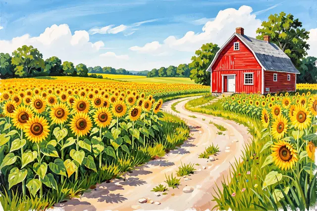 Gouache painting of a winding dirt lane through sunflower fields leading to a red farmhouse on a bright summer day.