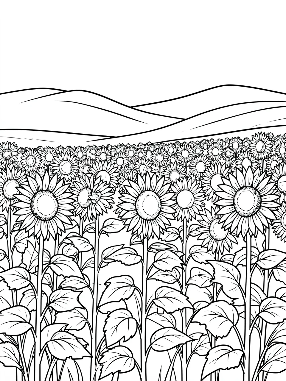 Bold black line art of a sunflower field stretching back to soft rolling hills on a plain white background