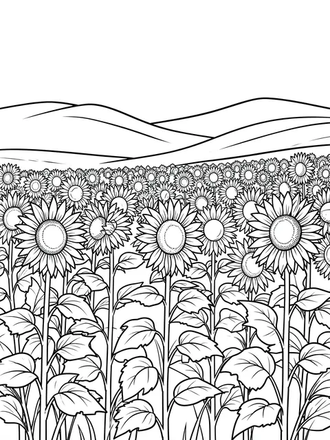 Bold black line art of a sunflower field stretching back to soft rolling hills on a plain white background