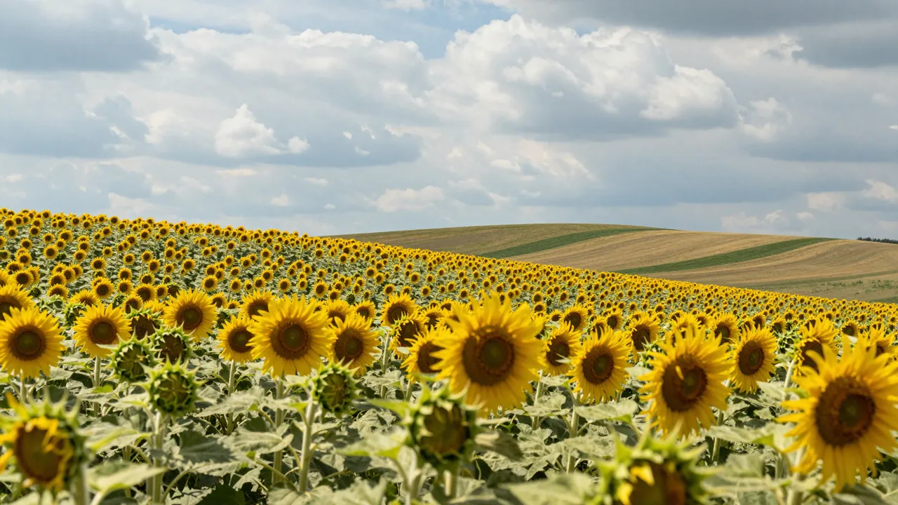 Blooming sunflower field stretches toward rolling agricultural hills under a cloudy summer sky