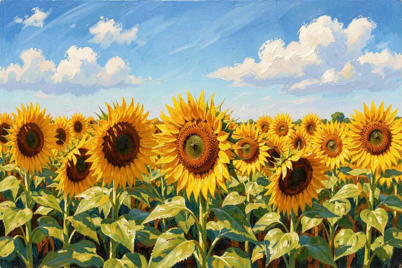 Textured oil painting of a bright sunflower field beneath a sunny blue sky with fluffy clouds