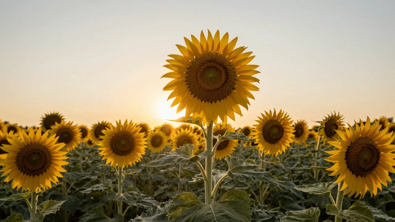 A tall central sunflower frames the setting sun rising behind a field of sunflowers