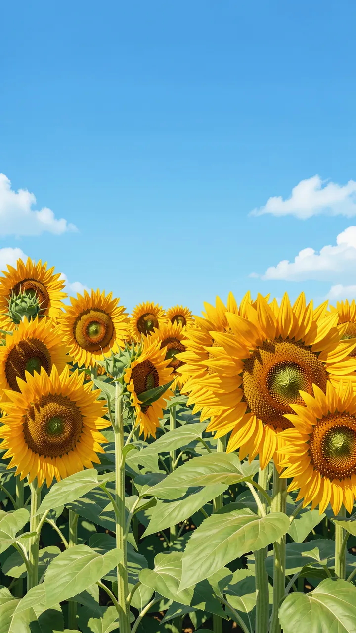 Bright yellow sunflowers fill the lower frame under a clear blue sky with scattered white clouds