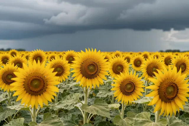Bright yellow sunflowers fill the foreground beneath dark, heavy storm clouds.