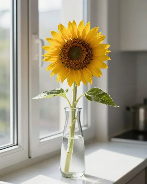 A single sunflower in a clear glass vase sits on a bright kitchen windowsill in soft morning light.