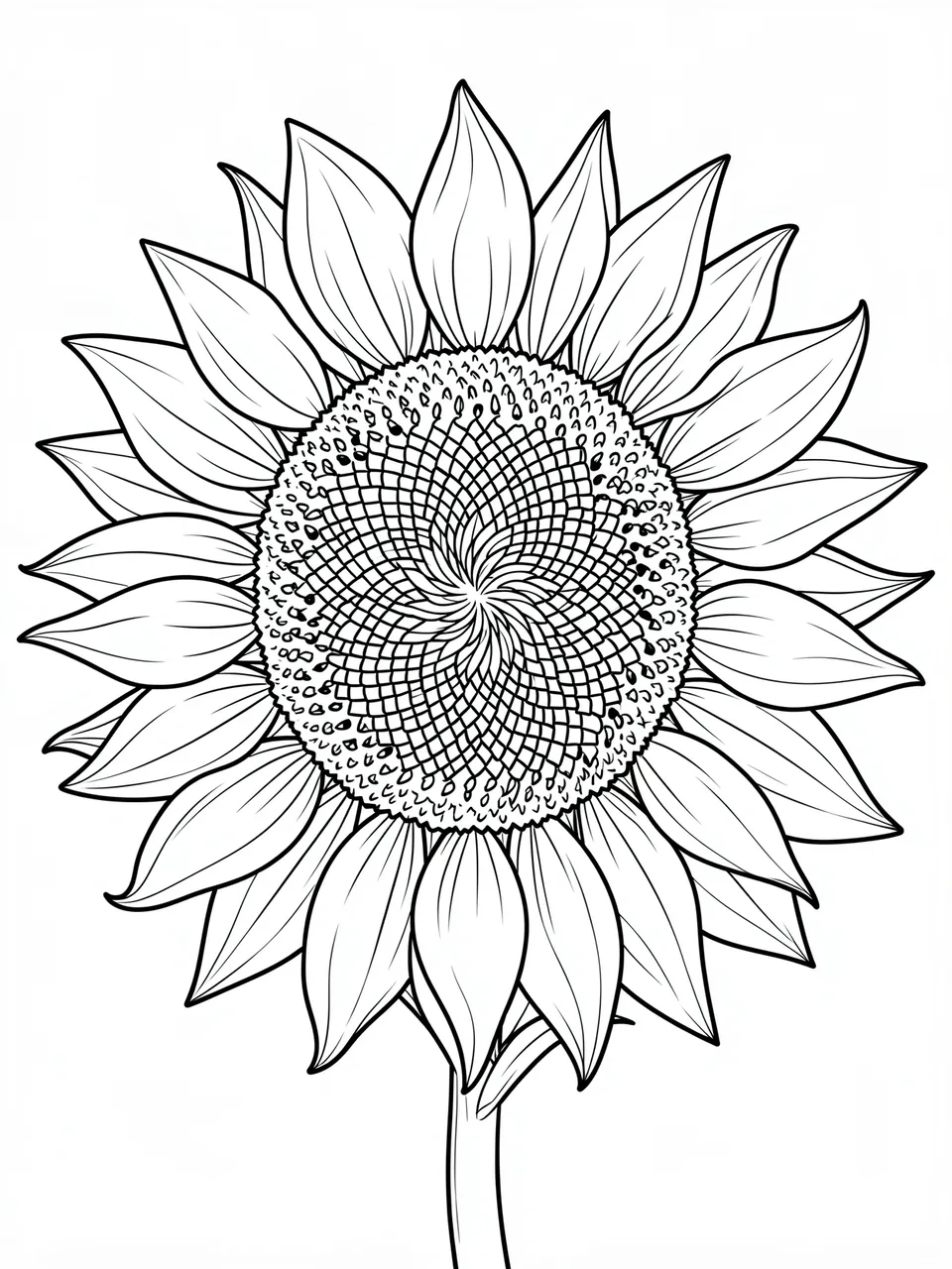 Intricate black and white line art of a detailed sunflower head on a plain white background